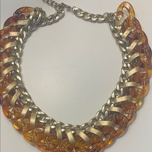 Chunky Silver and Amber Necklace with leather and gold link  braid